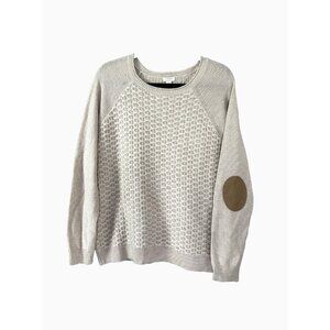 J Crew M Sweater Basket Weave Knit Elbow Patch Wool Preppy Fisherman Academia